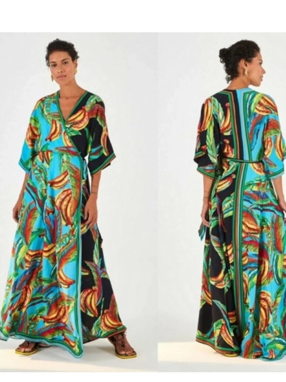 Tropical Floral Wrap Maxi Dress in Turquoise & Black